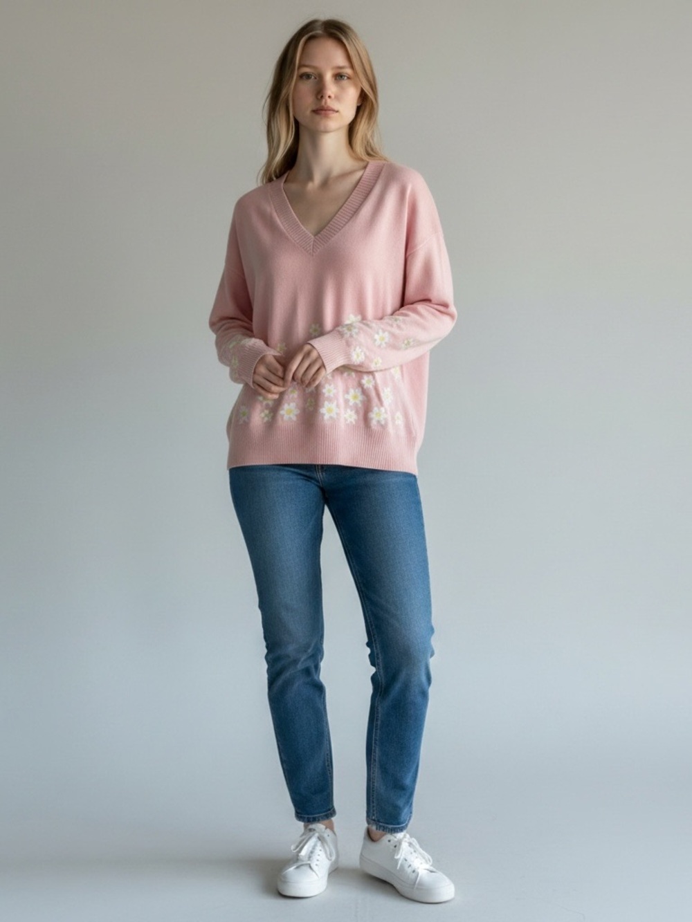 Metric Knits Light Pink V-Neck Sweater with Daisy Embroidery